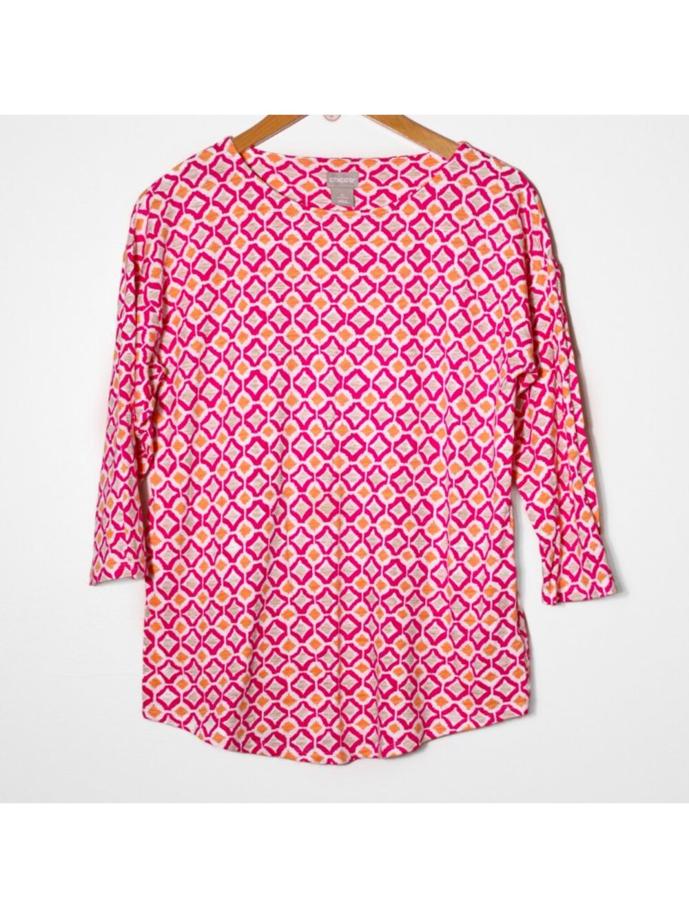 Chico's Relaxed Fit Everyday Cotton Blend 3/4 Sleeve Top Geometric Pink Size 0 S